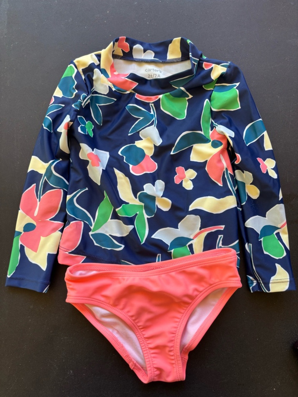 Carter's Navy Floral Long-Sleeve Rashguard with Coral Bikini Bottom
